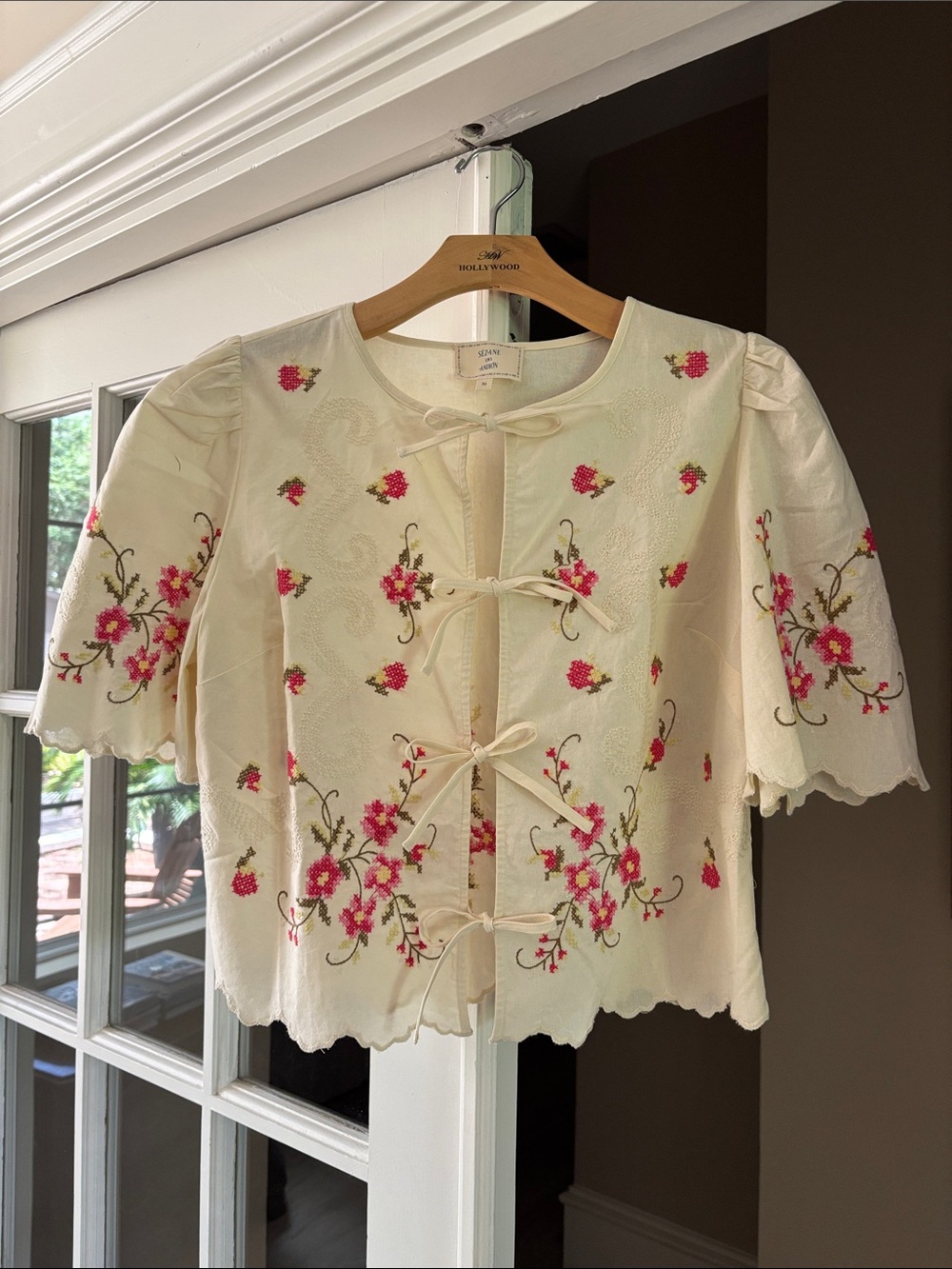 Sezane Cream Blouse with Pink & Green Floral Embroidery - Picture 4 of 6